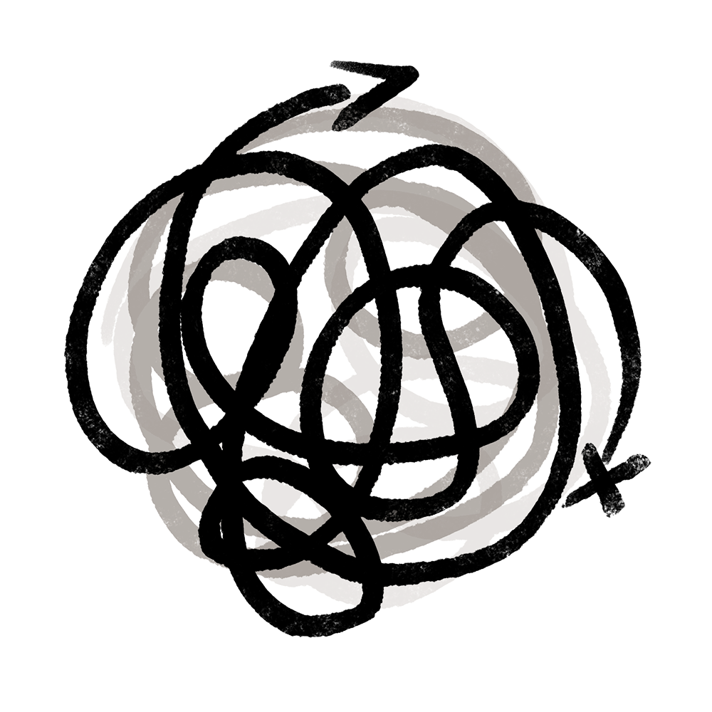 Hand-drawn illustration of a single path twisting into a tangled knot before reaching its destination, representing the messy, non-linear nature of understanding complex problems.