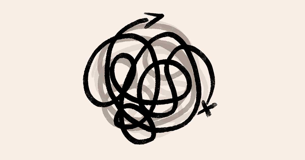 Hand-drawn illustration of a single path twisting into a tangled knot before reaching its destination, representing the messy, non-linear nature of understanding complex problems.