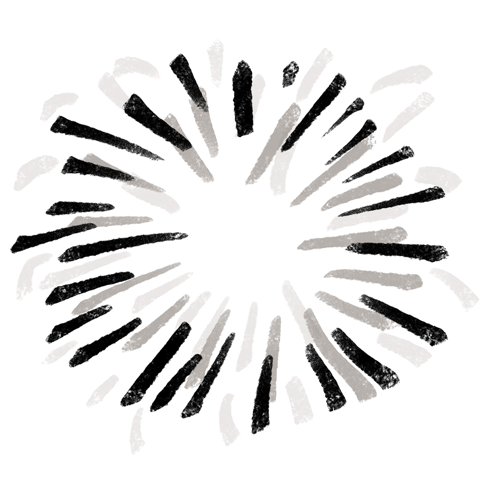Hand-drawn sunburst of black and grey brush strokes radiating from a bright centre, symbolising an attention-grabbing burst of colour.