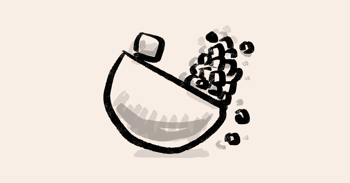 Hand-drawn abstract illustration of a bowl-like form balancing on its curved base while a pile of irregular blocks tips over the edge and spills out, suggesting imbalance or overload.